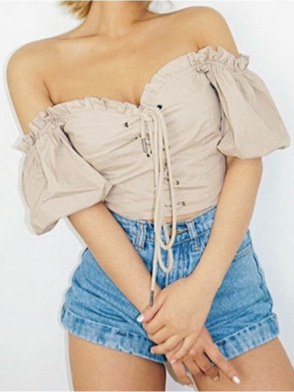 Tan ruffle trim lace up crop top